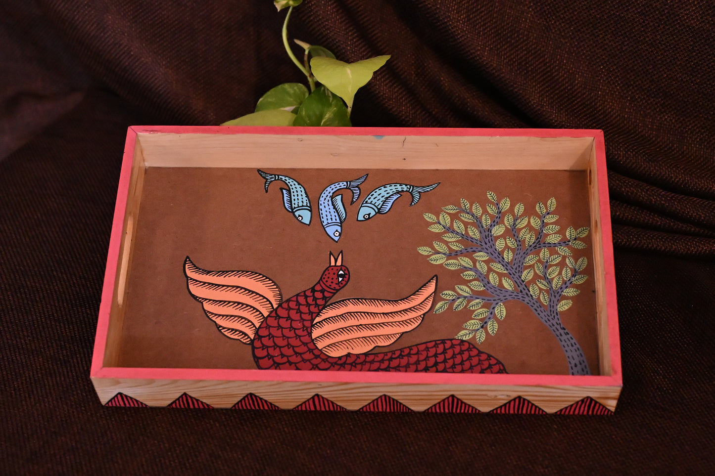Hand Painted Intricate Gond Tribal Art Wooden Tray