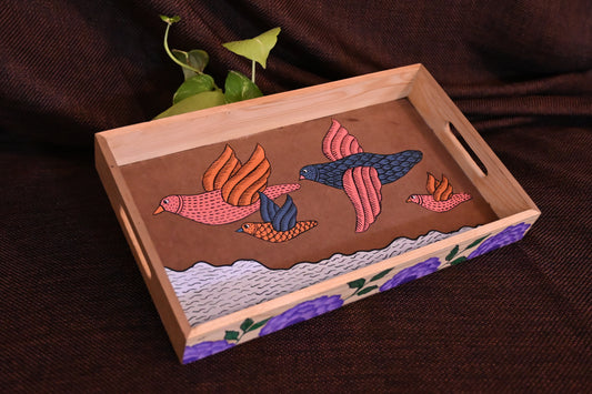 Hand Painted Intricate Gond Tribal and Kalamkari Art Wooden Tray