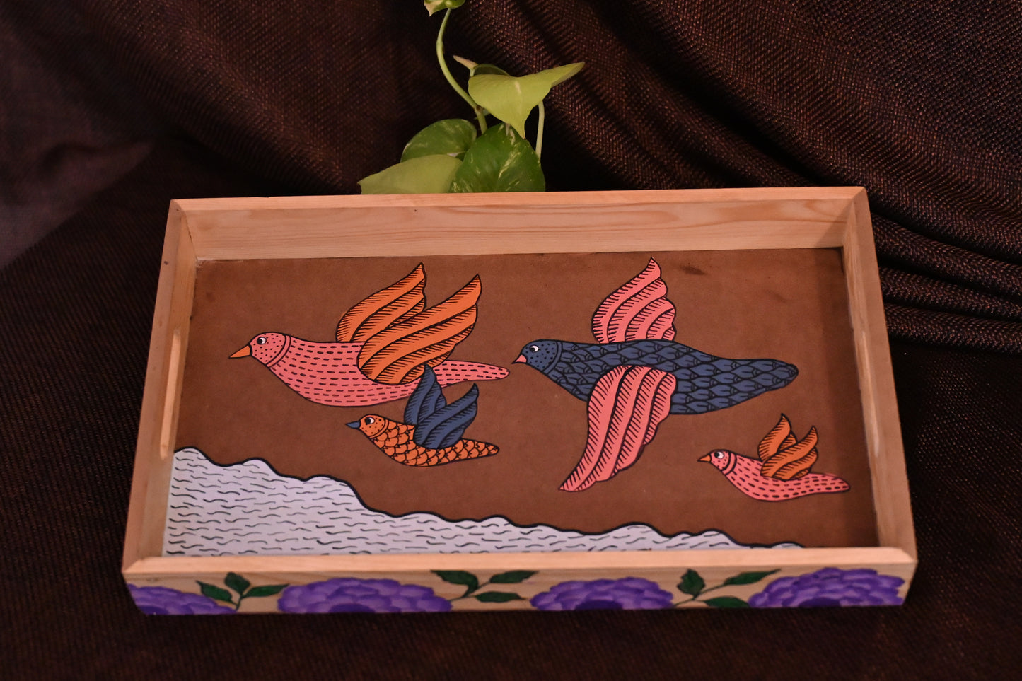 Hand Painted Intricate Gond Tribal and Kalamkari Art Wooden Tray