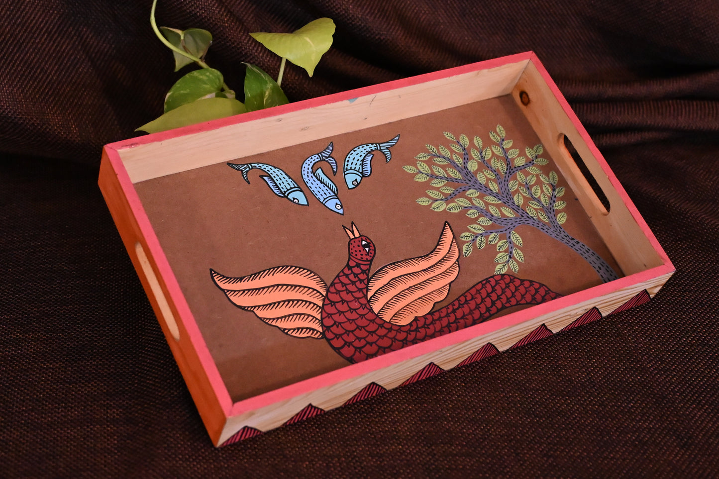 Hand Painted Intricate Gond Tribal Art Wooden Tray