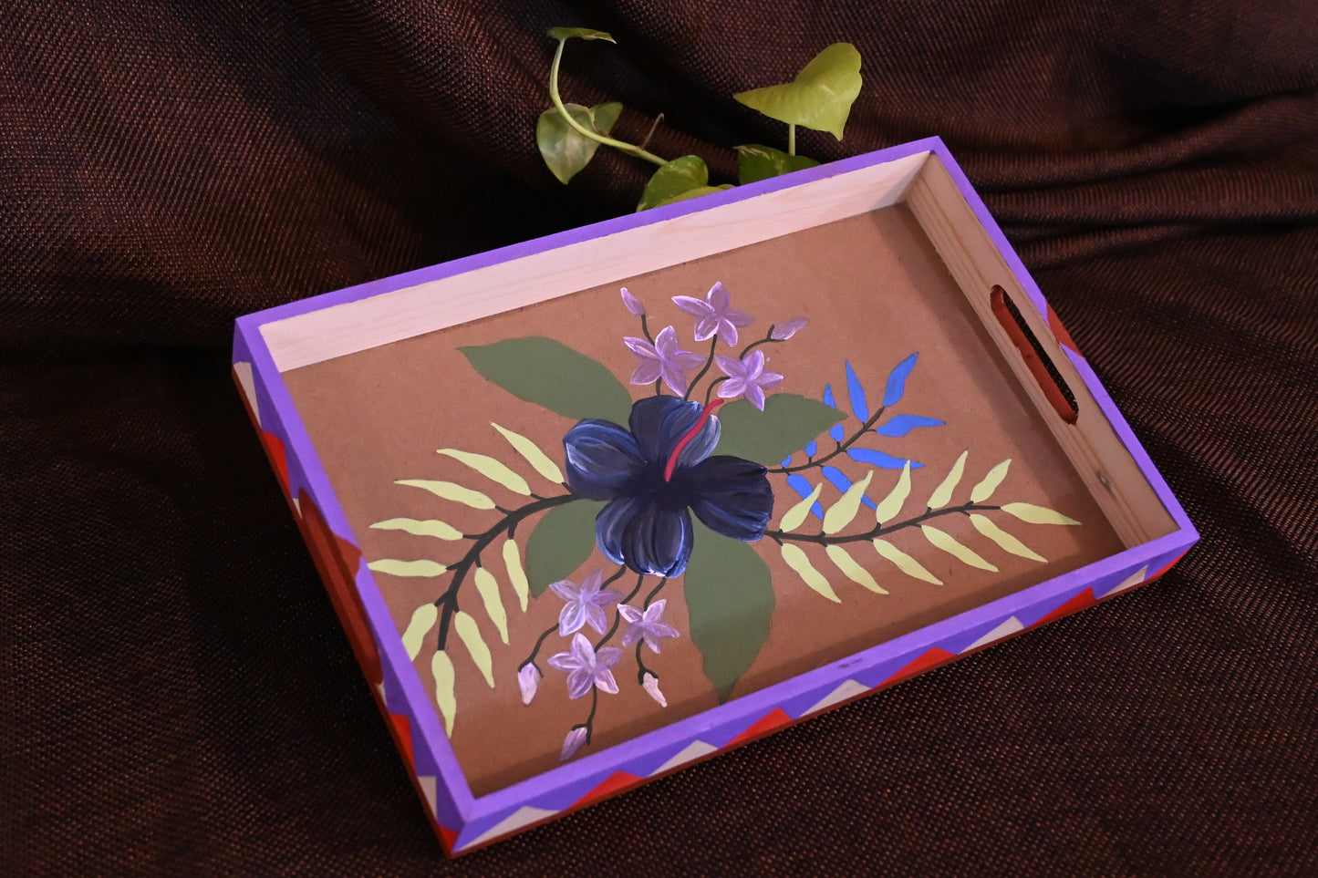 Hand Painted Intricate Floral and Gond Tribal Art Wooden Tray