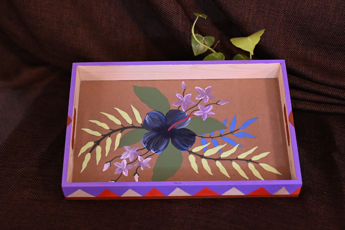 Hand Painted Intricate Floral and Gond Tribal Art Wooden Tray